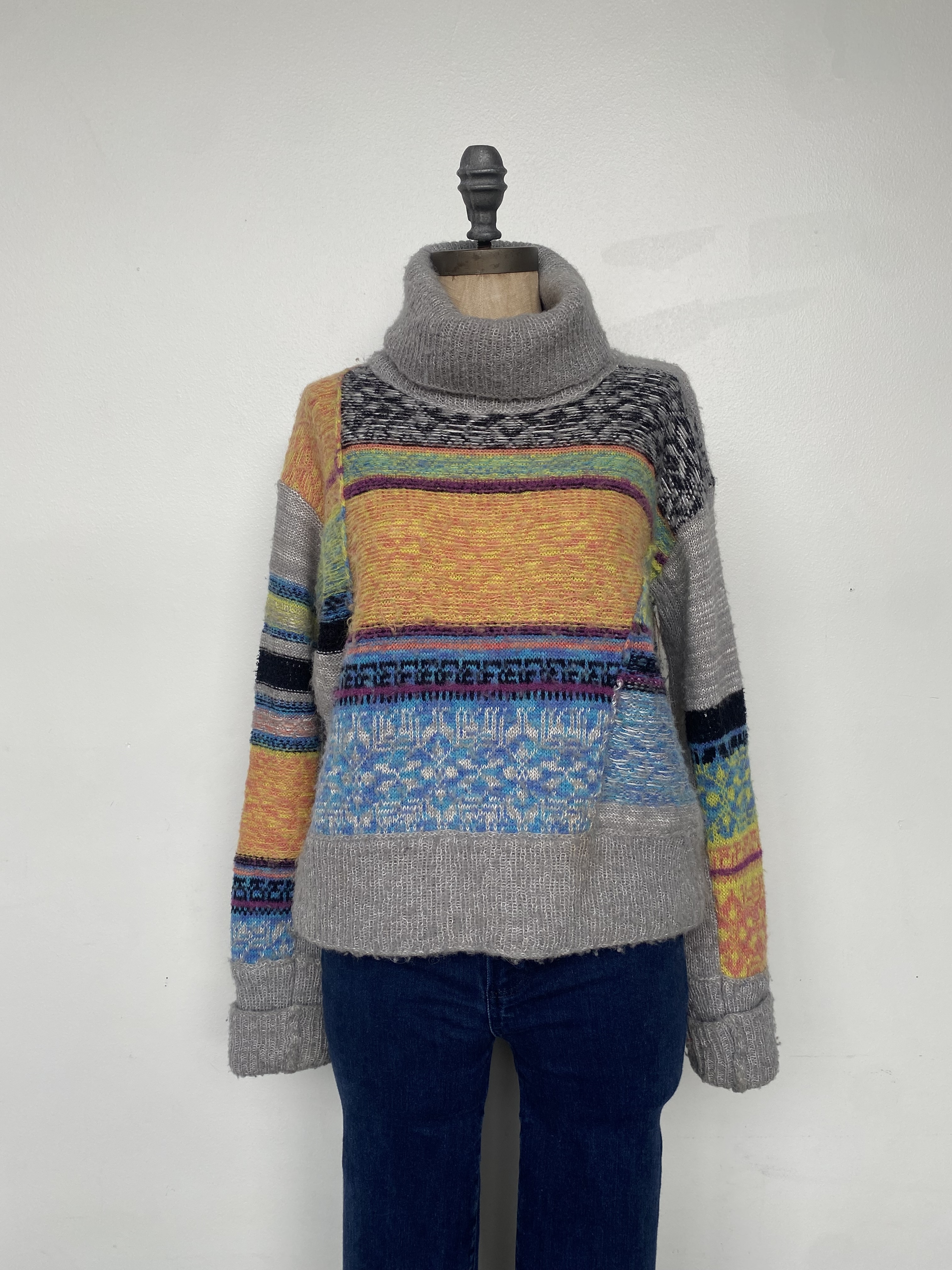 Free People Patchwork Multicolor Mix Knit Turtleneck